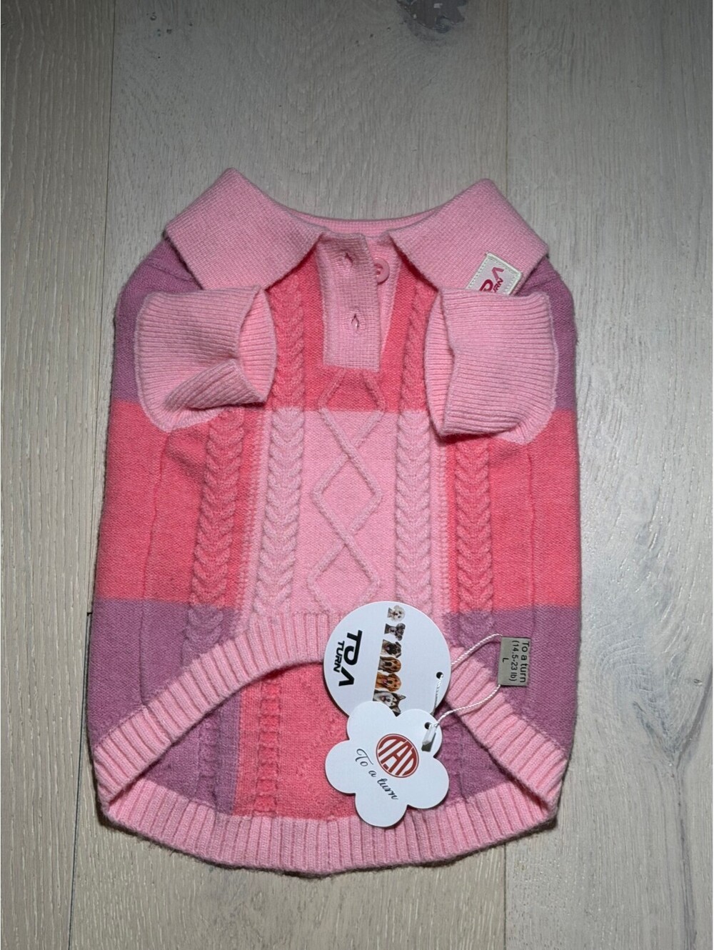 To A Turn Pink Plaid Cable Knit Dog Sweater Large 14.5-23 lb Pet Pullover NWT